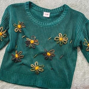 9-12M baby girl knit sweater, hand knit flowers, green.
